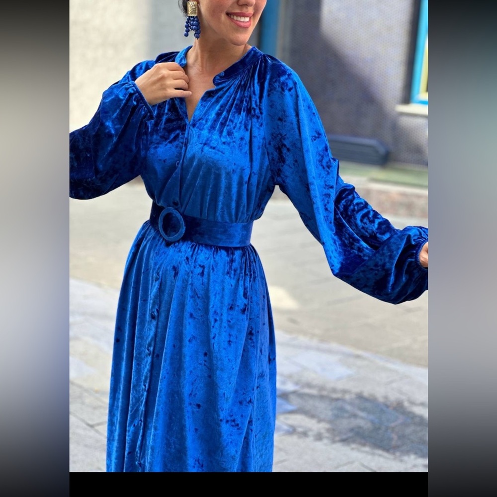 Blue Velvet Belted Maxi Dress